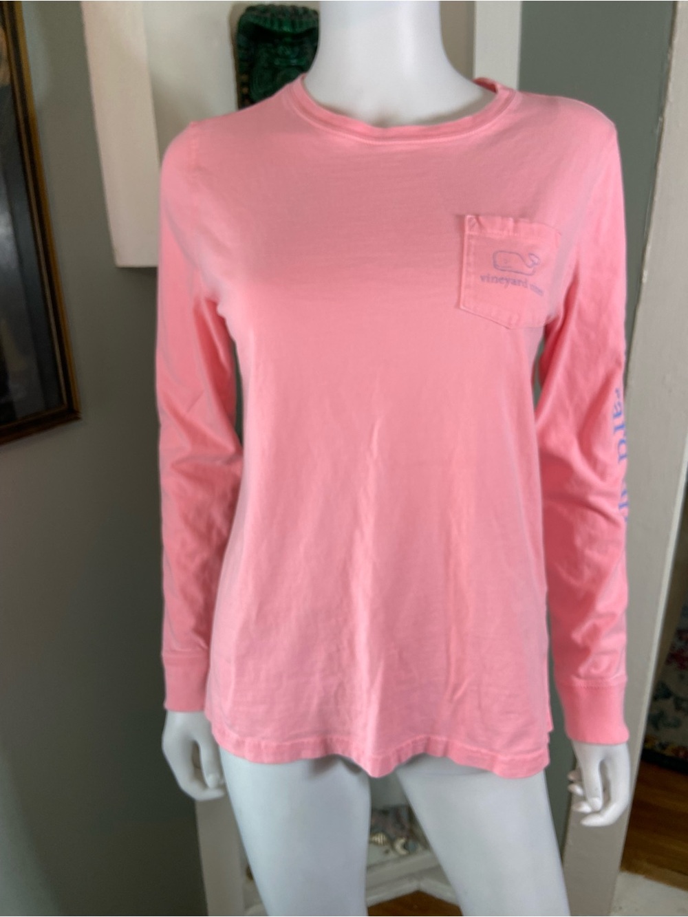 Vineyard Vines Coral Pink Vintage Whale Long-Sleeve Pocket Tee Small S Women’s